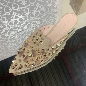 Slip on Flat Gold Studded Pointed Toe Mule In Biege Faux Leather - US 6 / EU 37